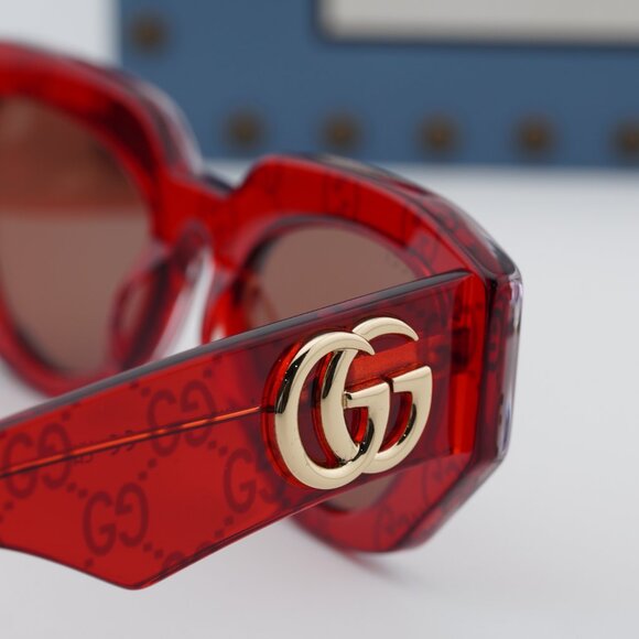 Gucci GG1421S 006 Geometric Sunglasses - Transparent Red with GG Pattern/Brown main image 10